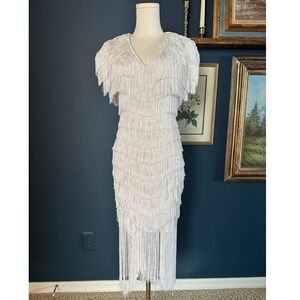 Vintage 80s TD4 by Electra White Fringe Flapper Midi Dress Tiered Tassel‎